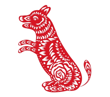Red paper cut a dog and flower symbolsのイラスト素材