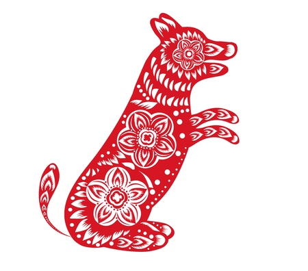 Red paper cut a dog and flower symbolsのイラスト素材