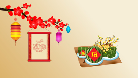 Cooked square glutinous rice cake and blossom, wallpapers. Vietnamese new year. (Translation "T?t": Lunar new year)のイラスト素材