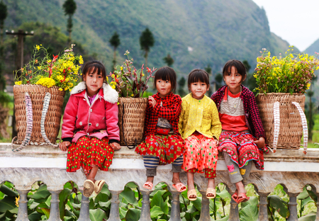 DONG VAN, HA GIANG, VIETNAM, November 18th, 2017: Unidentified ethnic minority kids with baskets of rapeseed flower in Hagiang, Vietnam. Hagiang is a northernmost province in Vietnamのeditorial素材