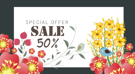 Spring sale banner with paper flowers on a yellow background. Vector illustration. Banner perfect for promotions, magazines, advertising, web sitesのイラスト素材
