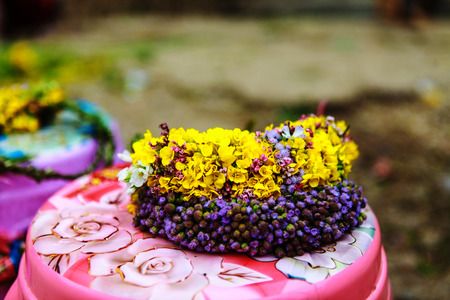 Garlands, laurel wreaths are made of reform flowers and buckwheat flowers in Ha Giangの写真素材