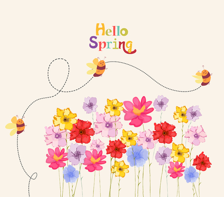 decoration branches with flowers and bees and lettering hello spring, Vector illustration.のイラスト素材