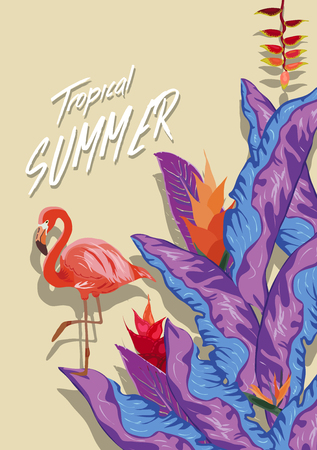 Summer tropical background with flamingo bird, palm and banana leaves, monstera and datura flowers.のイラスト素材