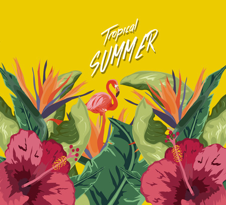 Summer tropical background. Flamingo bird with palm and banana leaves Vector illustration.のイラスト素材
