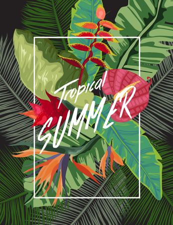 Background of palm leaves and tropical flowers Vector illustration.のイラスト素材