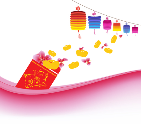 Plum Blossom and ingot Spilled out from red packet. Chinese new yearのイラスト素材