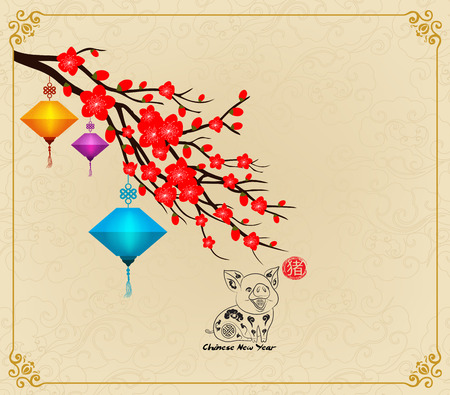 Chinese New Year design. Pig with plum blossom in traditional chinese background. (hieroglyph Pig)のイラスト素材