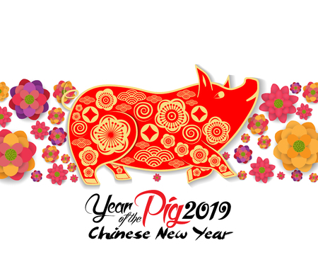 2019 chinese new year greeting card, paper cut with yellow pig and blooming background. Year of the pigのイラスト素材