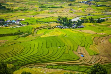 MUCANGCHAI, VIETNAM, September 29, 2018: Rice fields on terraced. Fields are prepared for planting...