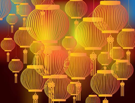 Chinese new year decoration. Traditional lantern and plum blossom on a festive backgroundのイラスト素材