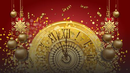 Happy New Year - New Year Shining background with gold clock and ballsのイラスト素材
