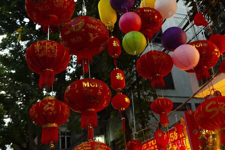 Hanoi, Vietnam - Jan 15, 2020: Shop sell decorations for Vietnamese lunar new year on Hang Ma streetのeditorial素材