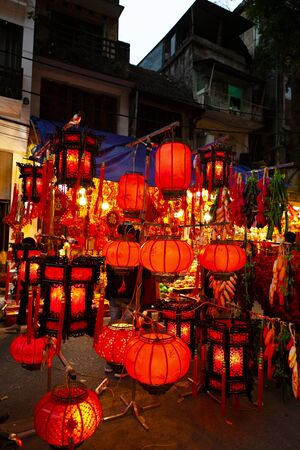Hanoi, Vietnam - Jan 15, 2020: Shop sell decorations for Vietnamese lunar new year on Hang Ma streetのeditorial素材