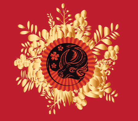 Happy chinese new year 2021 of the ox. Gold zodiac sign, gold flower background and asian elements background for greetings card, invitation, posters, brochure, calendar, flyers, bannersのイラスト素材