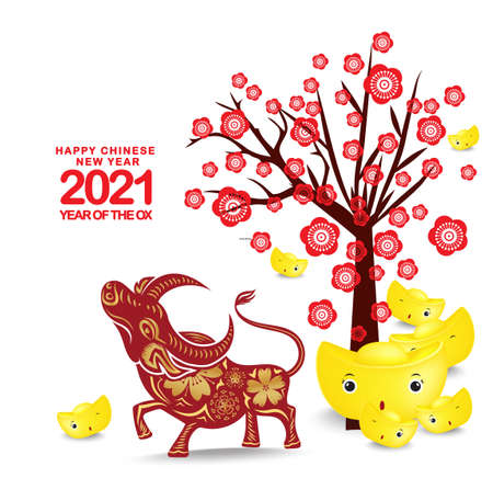 Happy chinese new year 2021 of the ox. Gold zodiac sign, gold flower background and asian elements background for greetings card, invitation, posters, brochure, calendar, flyers, bannersのイラスト素材