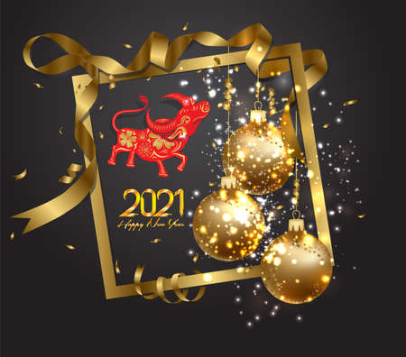 Happy chinese new year 2021 Lantern Ornament. Zodiac of ox cartoon character traditionalのイラスト素材