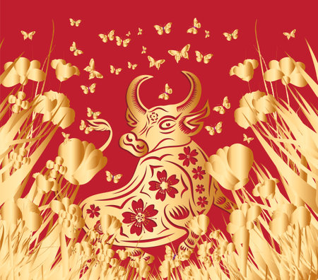 Happy Chinese New Year of the ox 2021 zodiac sign. Luxury gold florals and lanterns on red background for greetings card, invitation, posters, brochure, calendar, flyers, bannersのイラスト素材