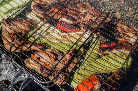 The marinaded chicken fried on coals on a latticeの写真素材