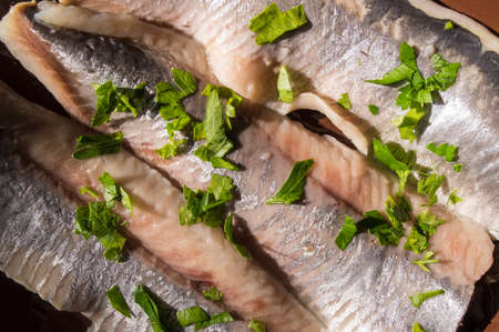 Fillet of a marinated light-salted herring with greensの写真素材