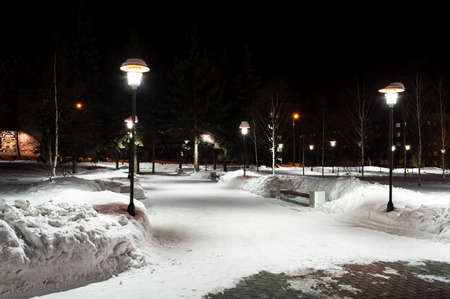 The bench in the winter city squareの写真素材