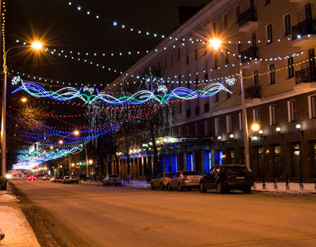 The city decorated with light garlands by New yearの写真素材