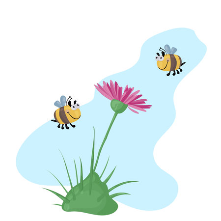 Bees and daisy flower. Cute cartoon vector illustration.のイラスト素材