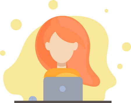 Flat design style illustration of a woman working on her laptop.のイラスト素材