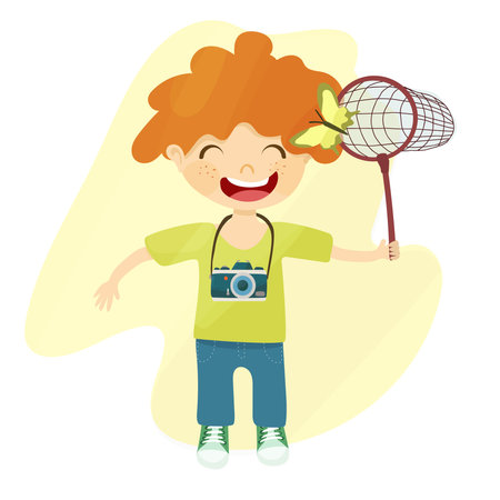 Boy with a butterfly net and camera. Vector illustration in cartoon style.のイラスト素材
