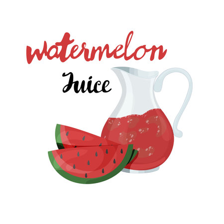 Watermelon juice in a jug and slices of watermelon. Vector illustration.のイラスト素材