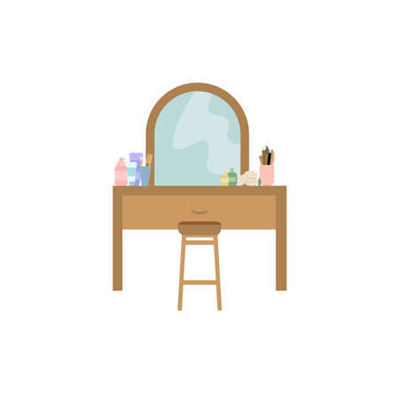 Mirror with cosmetics. Nurturing Self. Beauty, Cosmetics, and the Art of Self Care in Flat Vector Illustration.のイラスト素材