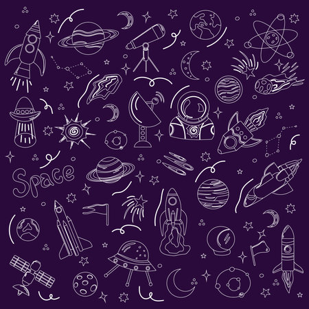 Astronomy doodle hand drawn icons set. Vector illustrationのイラスト素材