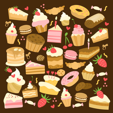 Cakes and pastries seamless pattern on brown background. Vector illustrationのイラスト素材