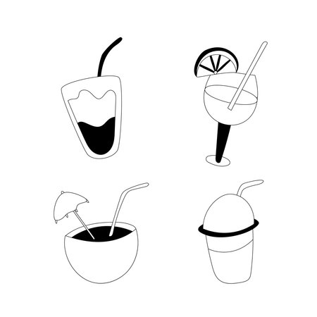 Summer drink, cooling cocktail in black and white, summer time. Doodle style summer refreshments are isolated on a white background.のイラスト素材