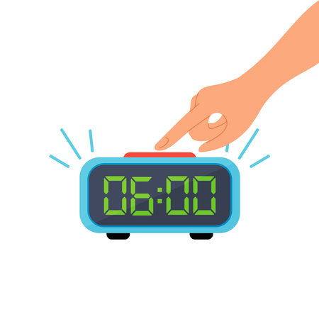 A ringing alarm clock and a hand that turns off the alarm clock. Electronic clock alarm clock with hand in cartoon style isolated on a white background.のイラスト素材