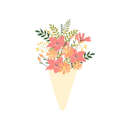 Flower arrangement, bouquet, for various holidays and weddings. A bouquet of flowers in flat style is isolated on a white background.のイラスト素材
