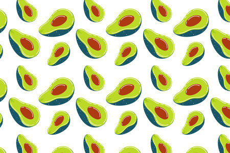 Mexican food, isolated on a white background. Avocado background. Avocado pattern, green Mexican avocado, cartoon style ingredient for guacamole.のイラスト素材