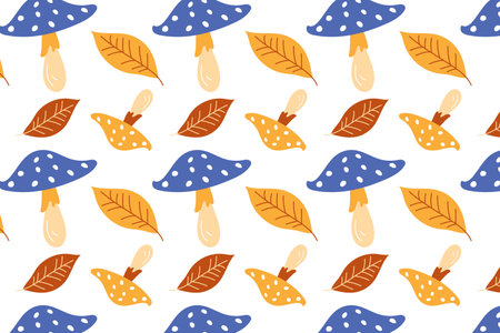 Mushrooms and leaves, seamless flat pattern. Autumn mushroom pattern, cheerful autumn forest, isolated.のイラスト素材