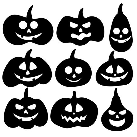 A collection of pumpkins for Halloween, pumpkin shadows, holiday decorations. A set of fun and horrible pumpkins in black isolated on white.のイラスト素材