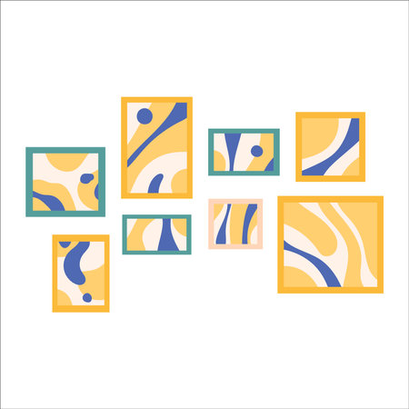 Paintings on the wall, abstract art in the interiors of home use. Abstract collage of paintings on the wall isolated on white.のイラスト素材