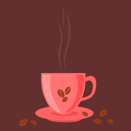 A mug of freshly brewed fragrant coffee, a hot drink, black coffee. A cup of cartoon style coffee with coffee beans, World Coffee Day, isolated.のイラスト素材