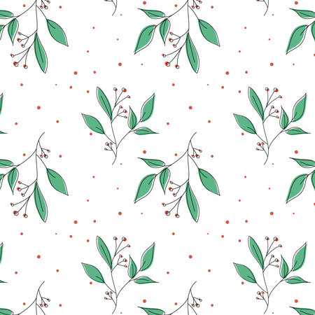Seamless green plant pattern for backgrounds, wedding designs, botanical labels.Flower pattern with berries, botanical background.のイラスト素材