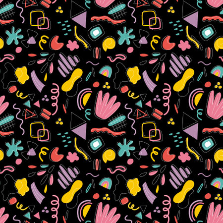Shapes of different shapes and colors for textile designs and dÃ©cor elements, abstract bright background. Seamless pattern of abstract shapes of different colors on a black background.のイラスト素材
