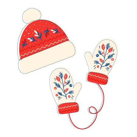 Warm clothes, gloves and hats, knitted accessories, Christmas patterns, New Year. Winter mittens and hat in christmas colors isolated on white background.のイラスト素材