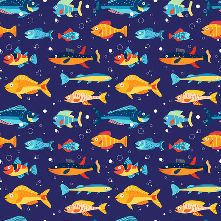 Multicolor marine life background, marine animals for children's textiles and various marine designs. Colorful seamless pattern with sea fish of different colors.のイラスト素材
