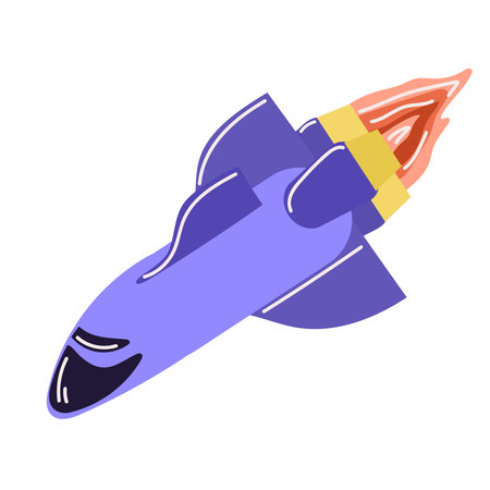 Suitable for the design of space themes, scientific articles, astronomical discoveries, missions to the moon or mars. Space shuttle for space flights, vector illustration in cartoon style, isolated on white background.のイラスト素材