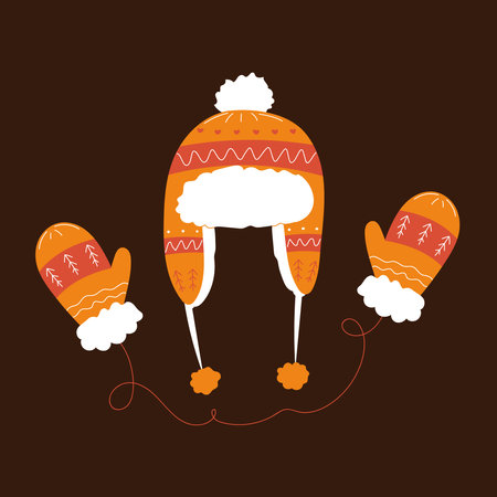 Warm winter hat and mittens in brown, soft fluffy cozy clothes with flat pattern patterns.のイラスト素材