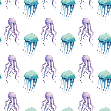 Seamless pattern with jellyfish. Hand drawn watercolor illustrationの素材