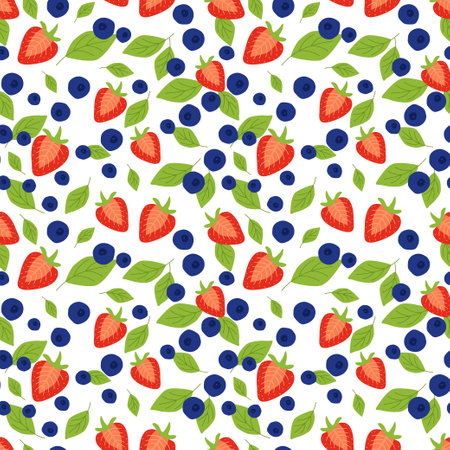 Bright berry pattern of strawberry and blueberry with mint leaves, fruit pattern. Seamless pattern...