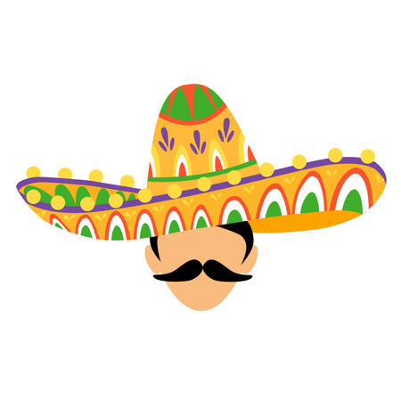 Mexican sombrero hat and mustache vector illustration design graphic flatのイラスト素材